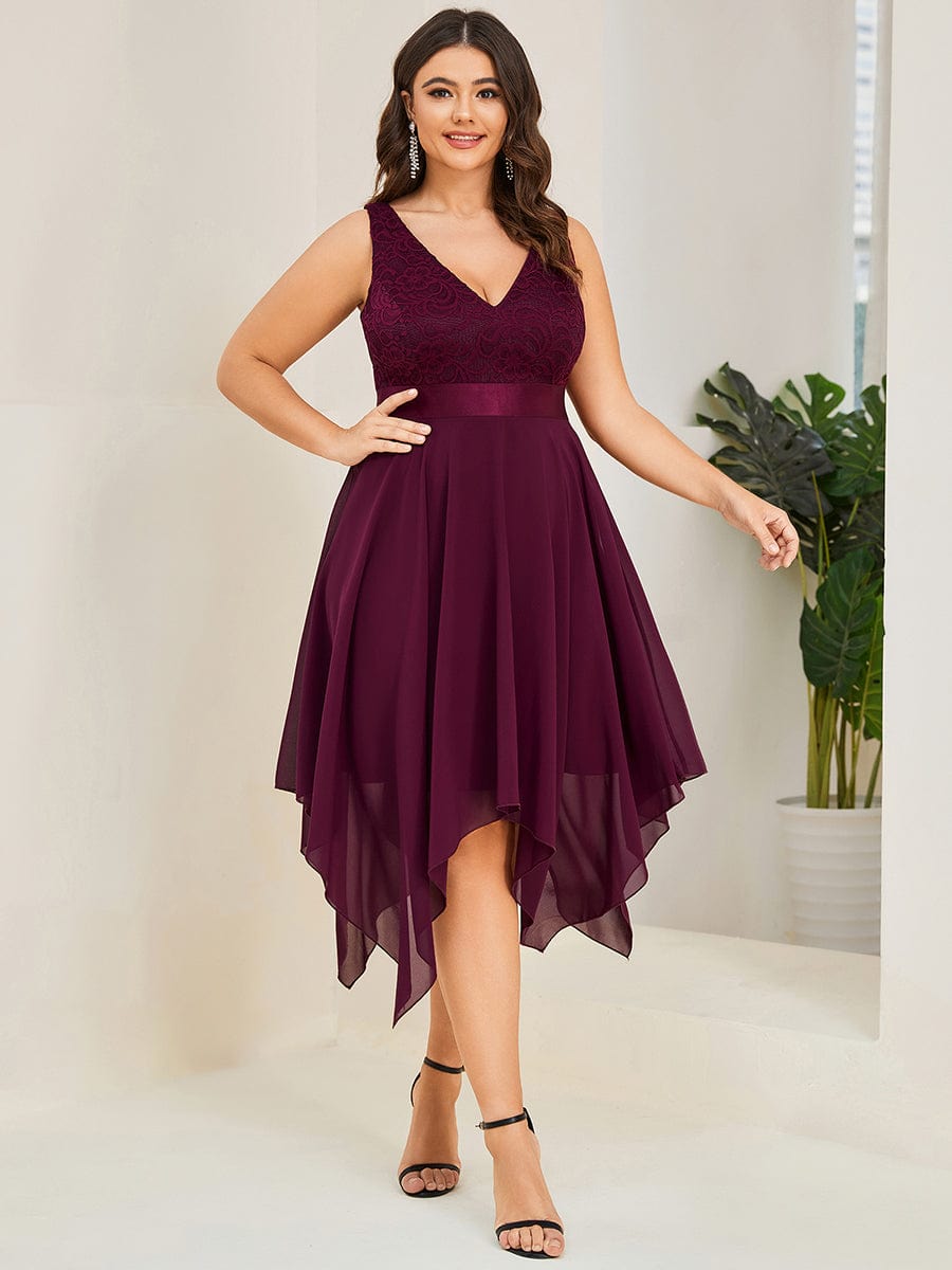 Plus Size Asymmetrical-hem Sleeveless Prom Lace Dress for Women #color_Mulberry