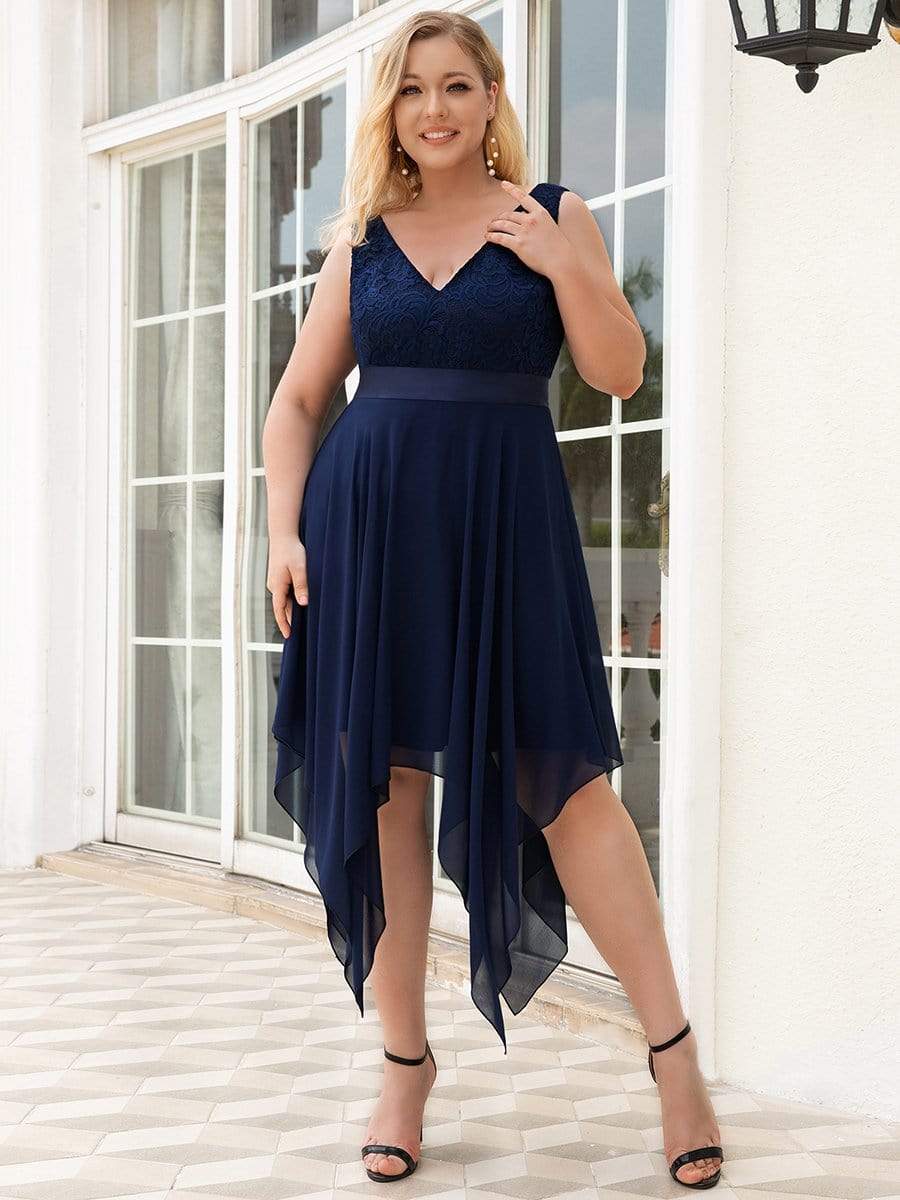 Plus Size Stunning V Neck Lace & Chiffon Prom Dress for Women #color_Navy Blue