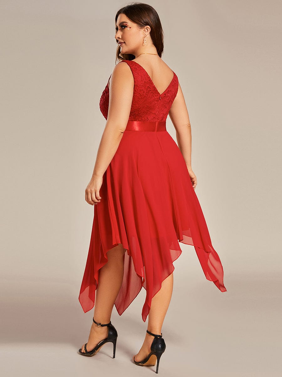 Plus Size Asymmetrical-hem Sleeveless Prom Lace Dress for Women #color_Red