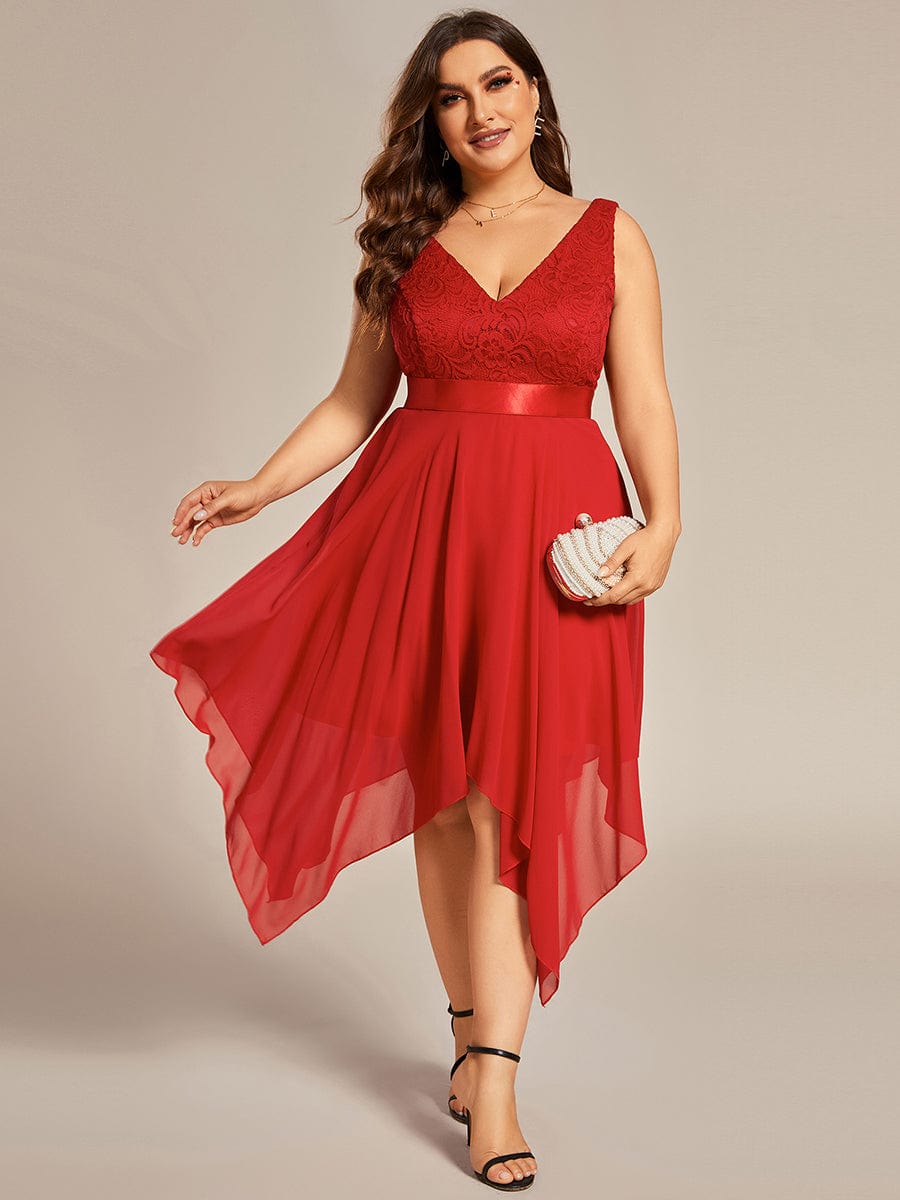 Plus Size Asymmetrical-hem Sleeveless Prom Lace Dress for Women #color_Red