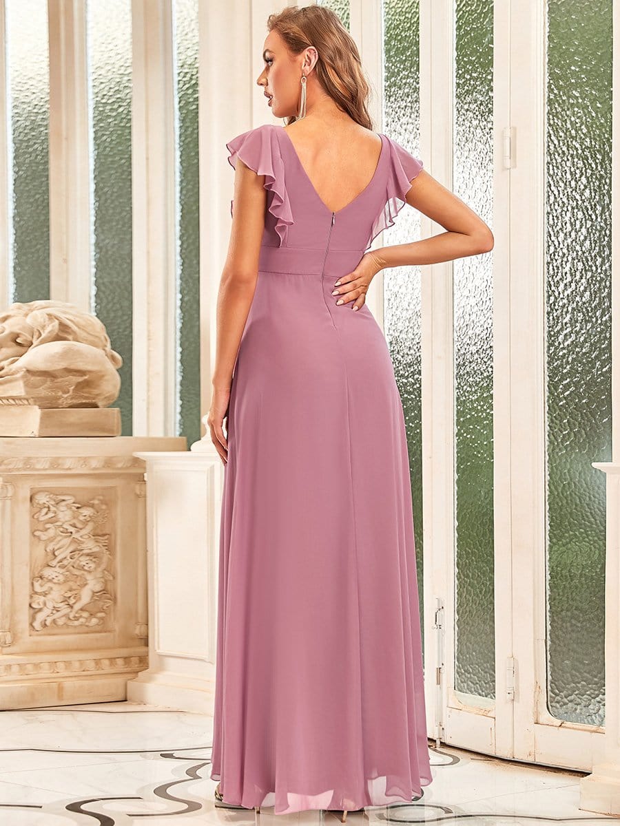 Sweet Pleated Bodice Ruffle Sleeve Long Bridesmaid Dress #color_Purple Orchid 