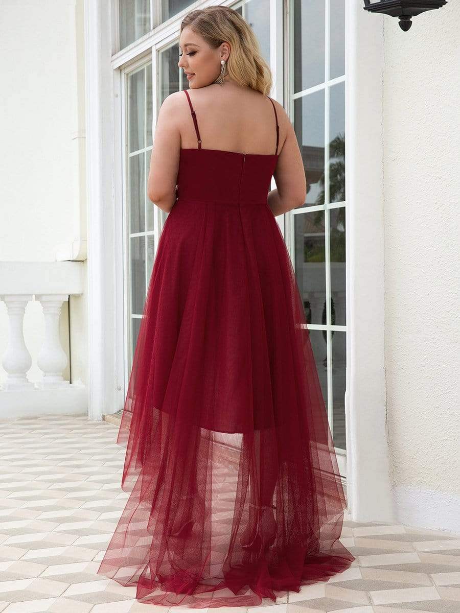 Plus Size V Neck High-low Hem Pleated Tulle Prom Dress #color_Burgundy 