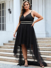 Plus Size V Neck High-low Hem Pleated Tulle Prom Dress #color_Black 