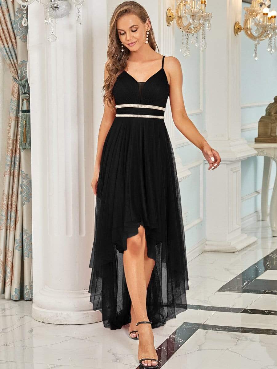 V Neck High-low Hem Pleated Tulle Prom Dress #color_Black 