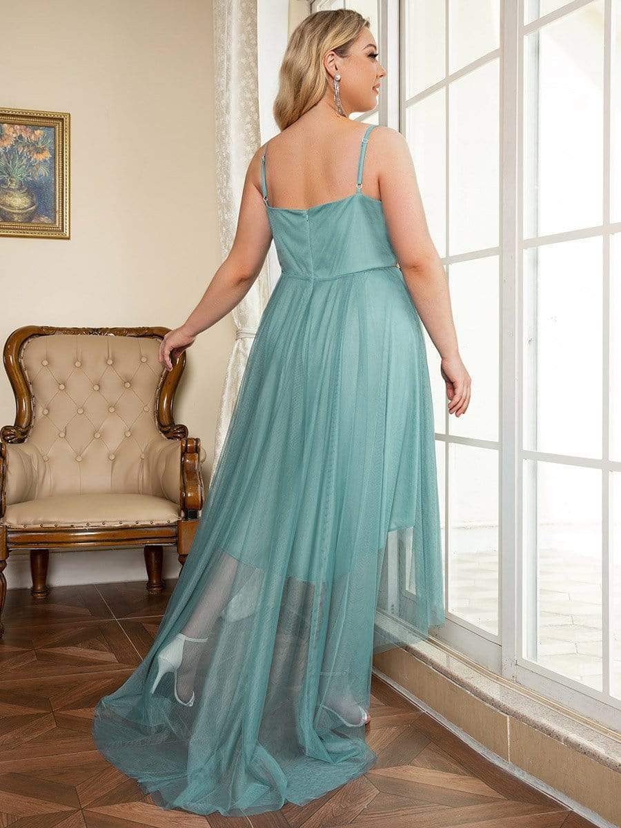Plus Size V Neck High-low Hem Pleated Tulle Prom Dress #color_Dusty Blue 