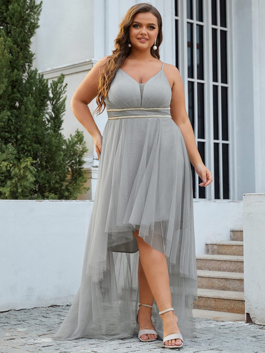 Plus Size V Neck High-low Hem Pleated Tulle Prom Dress #color_Grey 