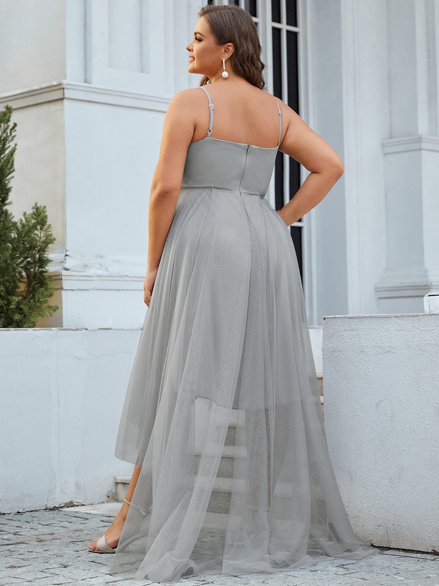 Plus Size V Neck High-low Hem Pleated Tulle Prom Dress #color_Grey 