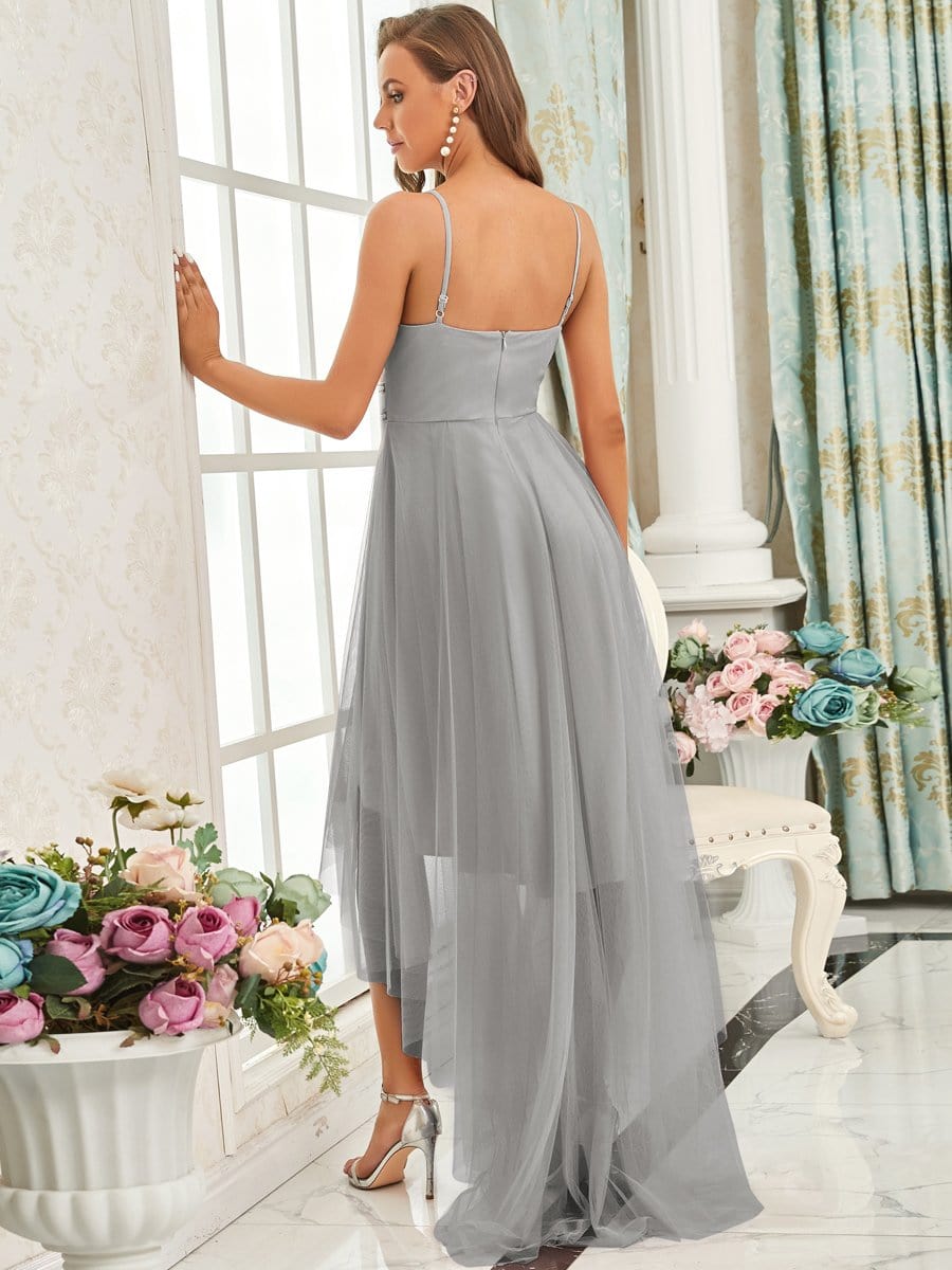 V Neck High-low Hem Pleated Tulle Prom Dress #color_Grey 