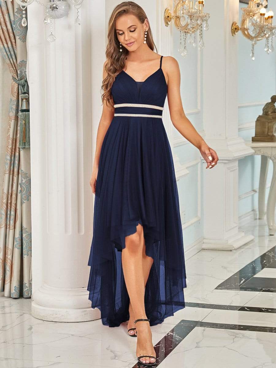 V Neck High-low Hem Pleated Tulle Prom Dress #color_Navy Blue 