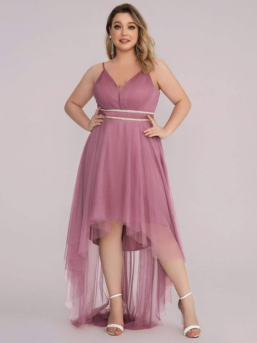 Plus Size V Neck High-low Hem Pleated Tulle Prom Dress