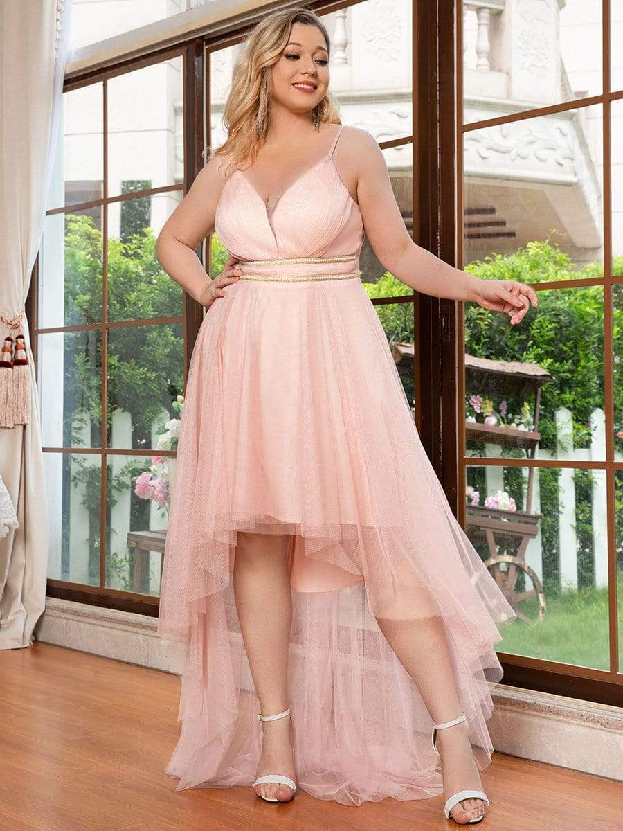 Plus Size V Neck High-low Hem Pleated Tulle Prom Dress #color_Pink 