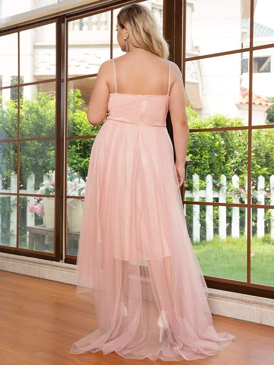 Plus Size V Neck High-low Hem Pleated Tulle Prom Dress #color_Pink 