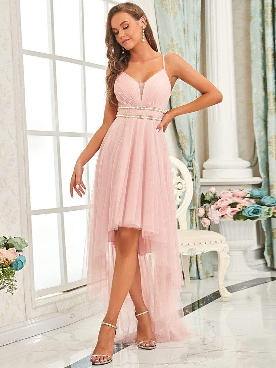 V Neck High-low Hem Pleated Tulle Prom Dress #color_Pink 