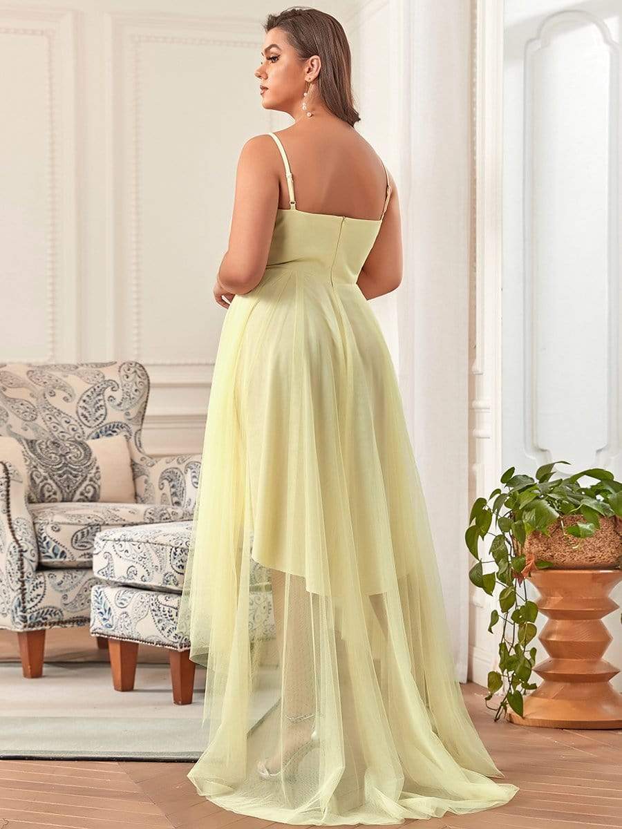 Plus Size V Neck High-low Hem Pleated Tulle Prom Dress #color_Yellow 