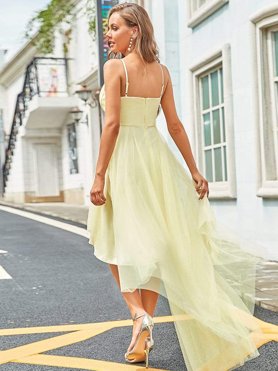 V Neck High-low Hem Pleated Tulle Prom Dress #color_Yellow 