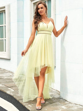 V Neck High-low Hem Pleated Tulle Prom Dress