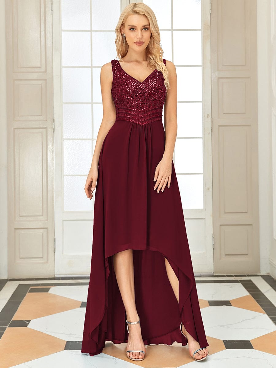 Elegant Paillette & Chiffon V-Neck A-Line Sleeveless Plus Size Evening Dresses #color_Burgundy