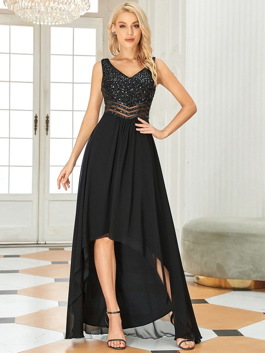 Elegant Paillette & Chiffon V-Neck A-Line Sleeveless Plus Size Evening Dresses #color_Black