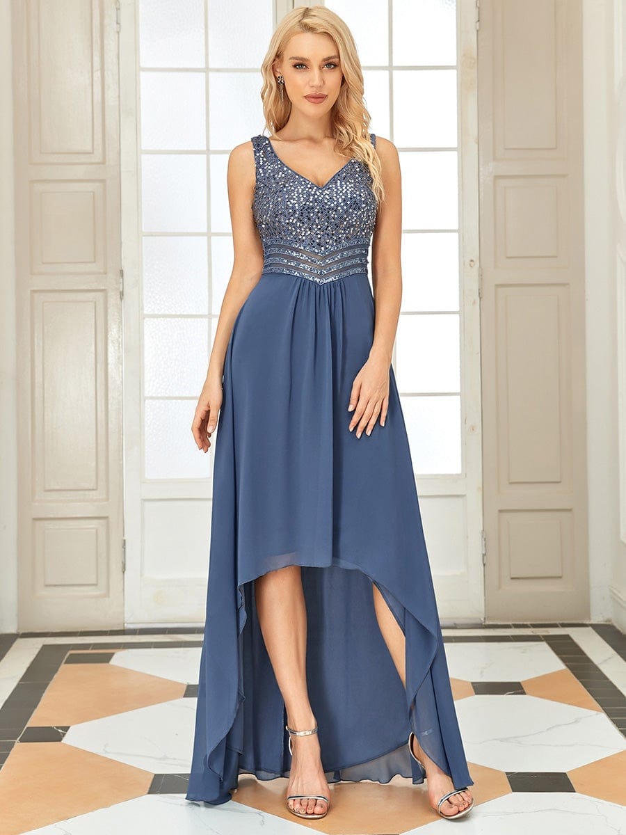 Elegant Paillette & Chiffon V-Neck A-Line Sleeveless Plus Size Evening Dresses #color_Dusty Navy