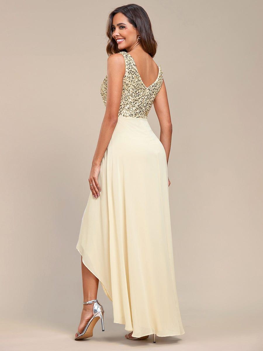 Elegant Paillette & Chiffon V-Neck A-Line Sleeveless Plus Size Evening Dresses #color_Gold