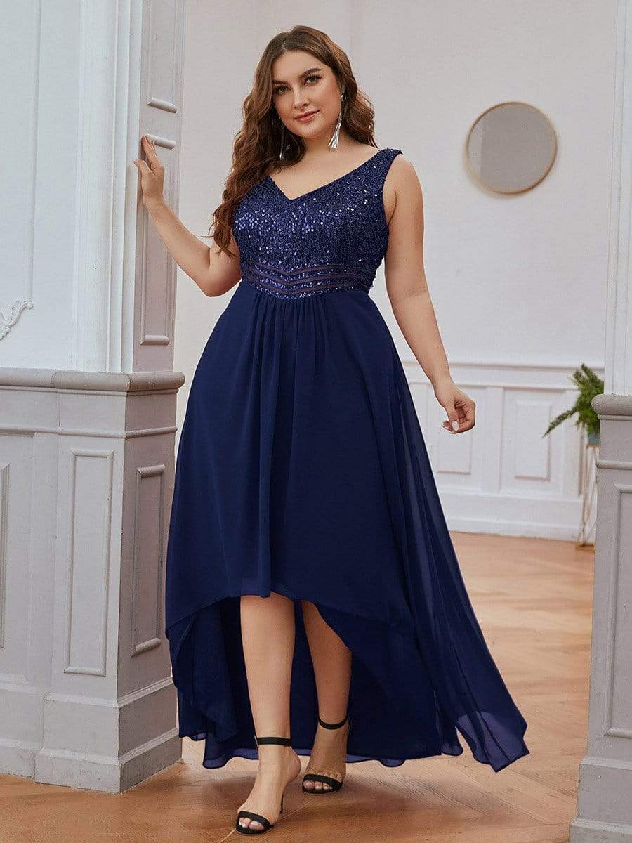 Elegant Paillette & Chiffon V-neck A-line Sleeveless Plus Size Formal Evening Dresses