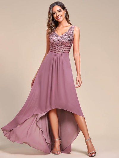 Elegant Paillette & Chiffon V-Neck A-Line Sleeveless Plus Size Evening Dresses #color_Purple Orchid