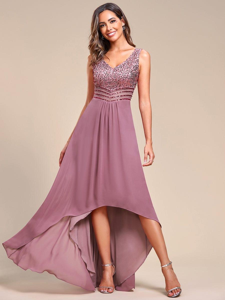 Elegant Paillette & Chiffon V-Neck A-Line Sleeveless Plus Size Evening Dresses #color_Purple Orchid