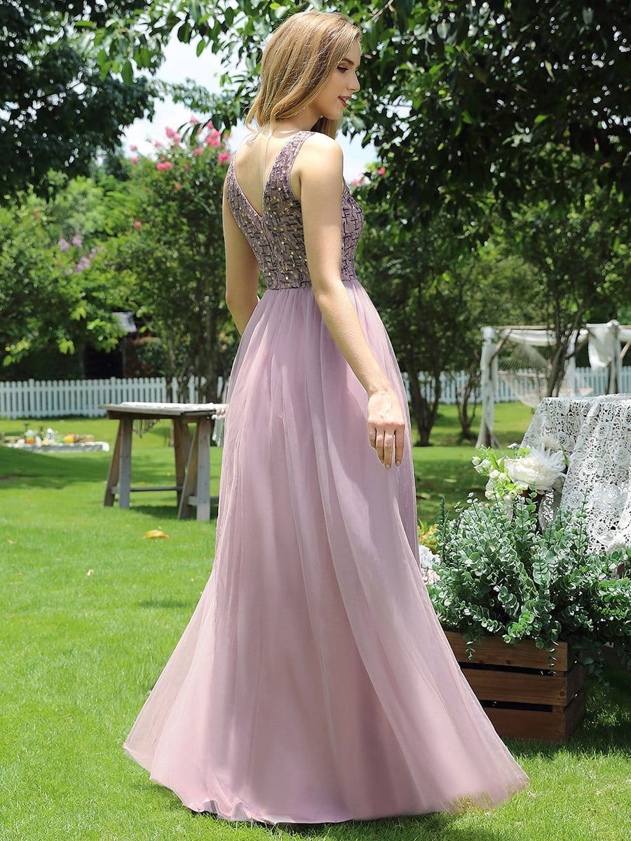 Color=Mauve | Adorable Round Neck Tulle Backless Evening Dress With Paillette-Mauve 2