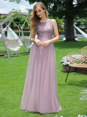 Color=Mauve | Adorable Round Neck Tulle Backless Evening Dress With Paillette-Mauve 3