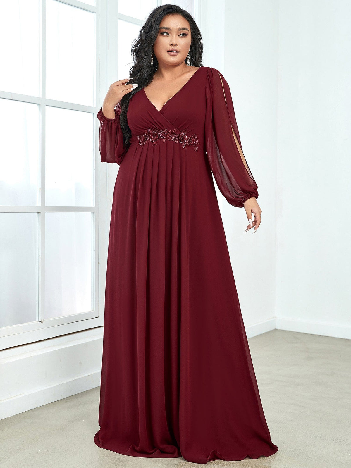 Custom Size Chiffon V-Neckline Long Sleeve Formal Evening Dress #color_Burgundy