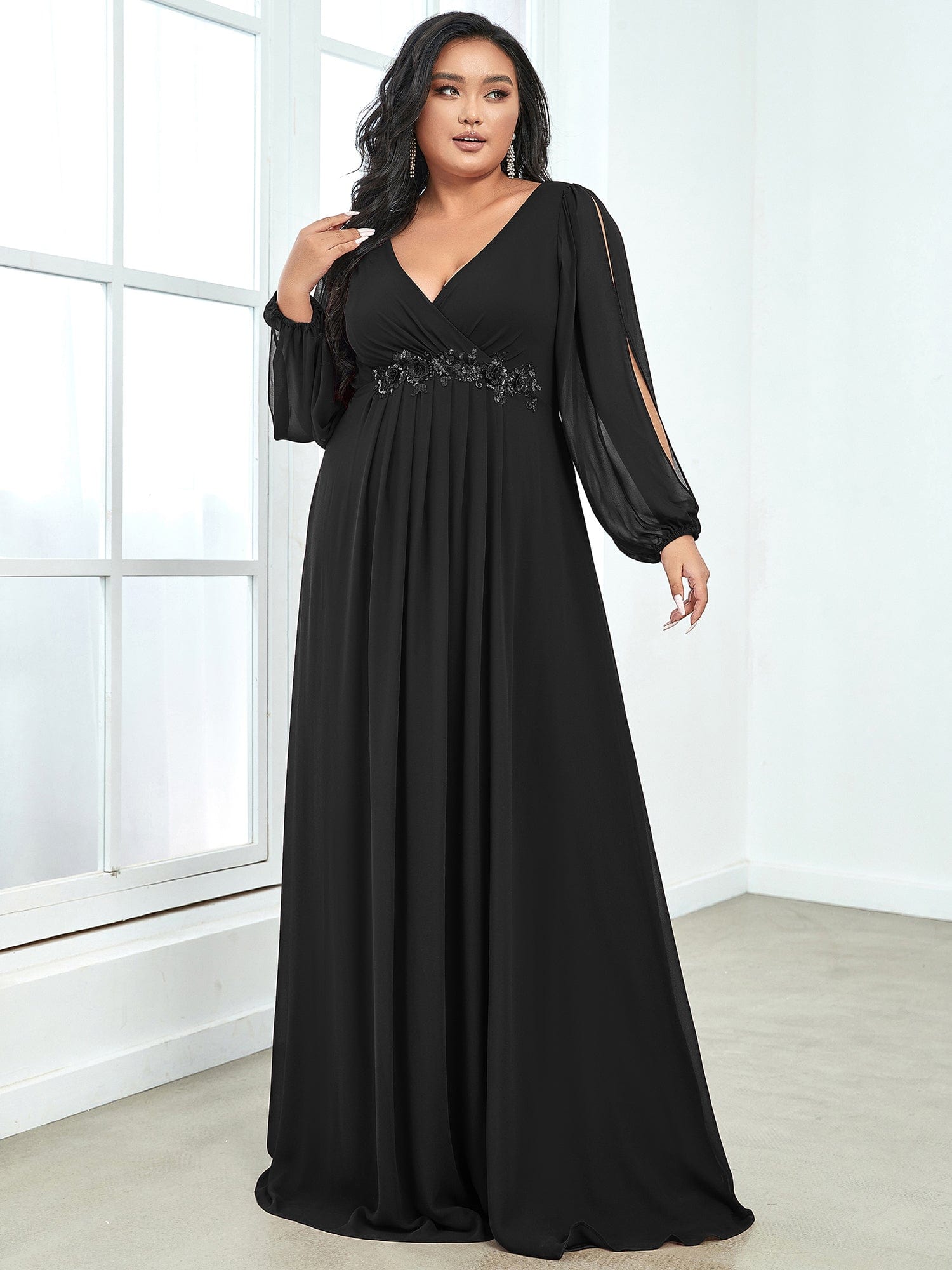 Custom Size Chiffon V-Neckline Long Sleeve Formal Evening Dress #color_Black