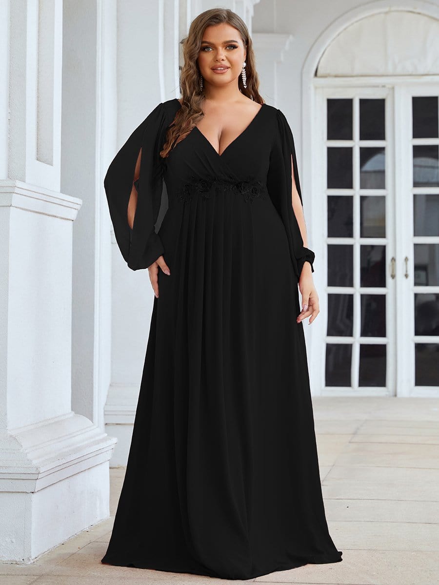 Stylish Plus Size Chiffon Formal Evening Dresses with Long Lantern Sleeves #color_Black