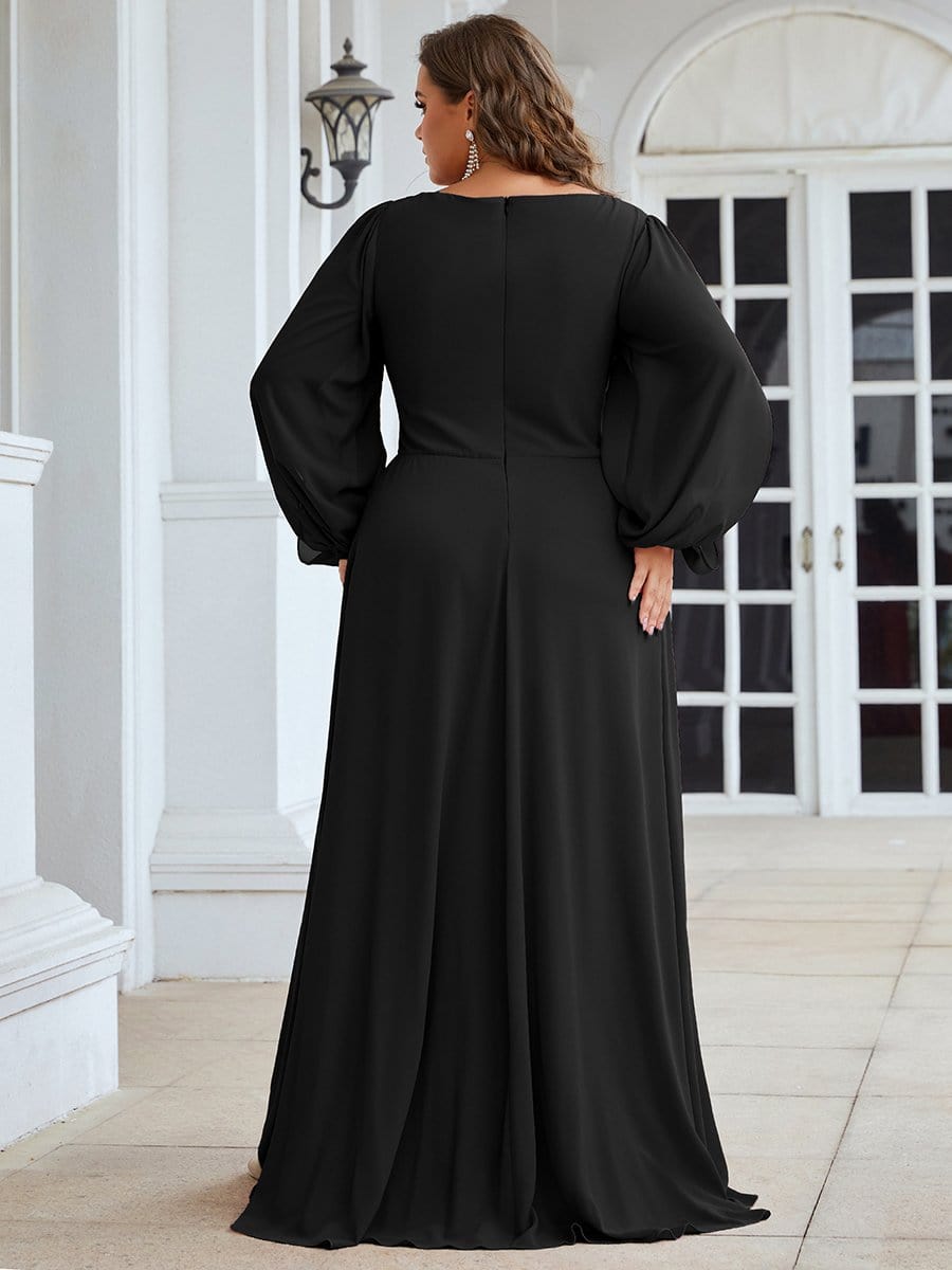 Stylish Plus Size Chiffon Formal Evening Dresses with Long Lantern Sleeves #color_Black