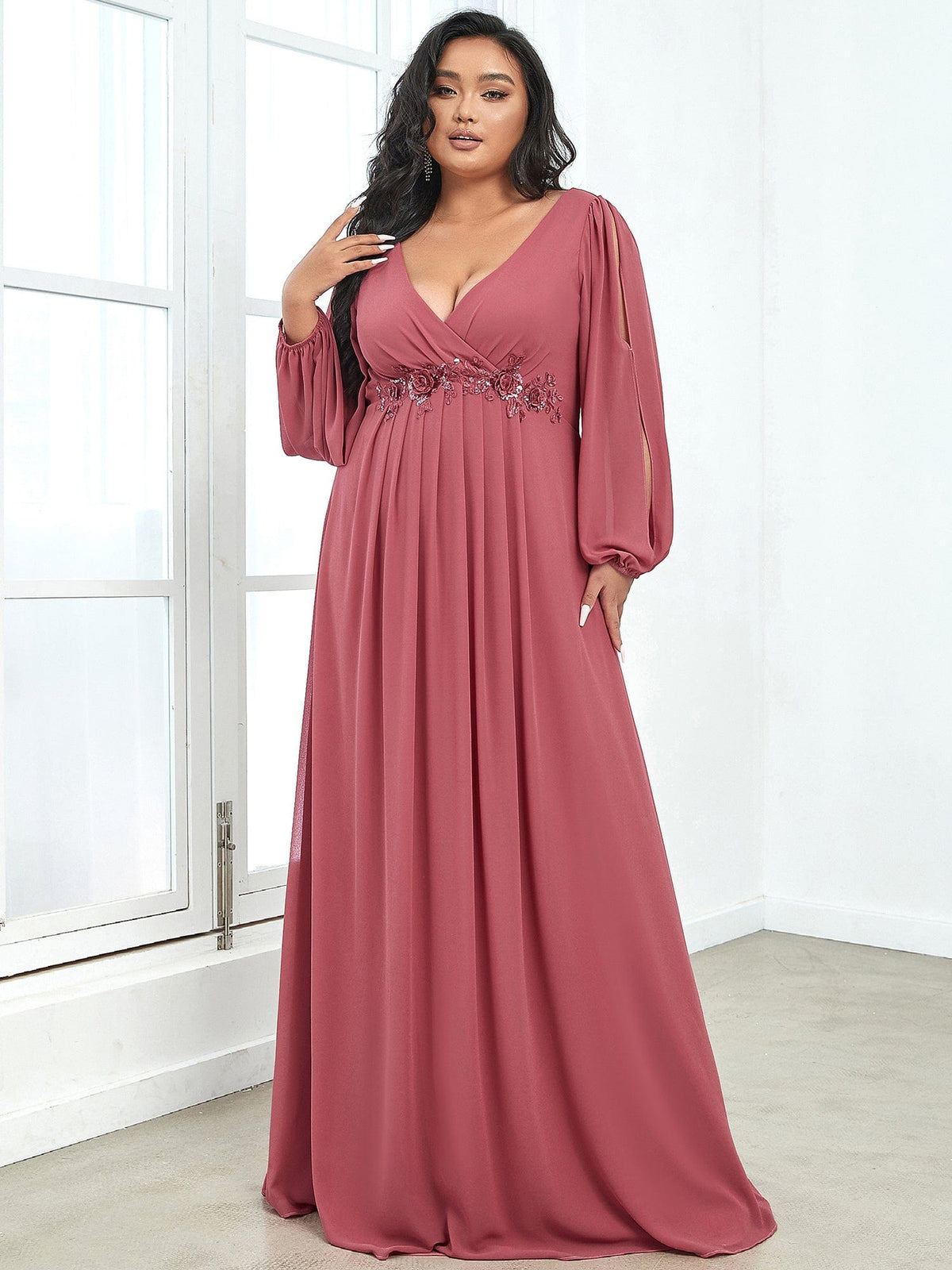 Custom Size Chiffon V-Neckline Long Sleeve Formal Evening Dress #color_Cameo Brown