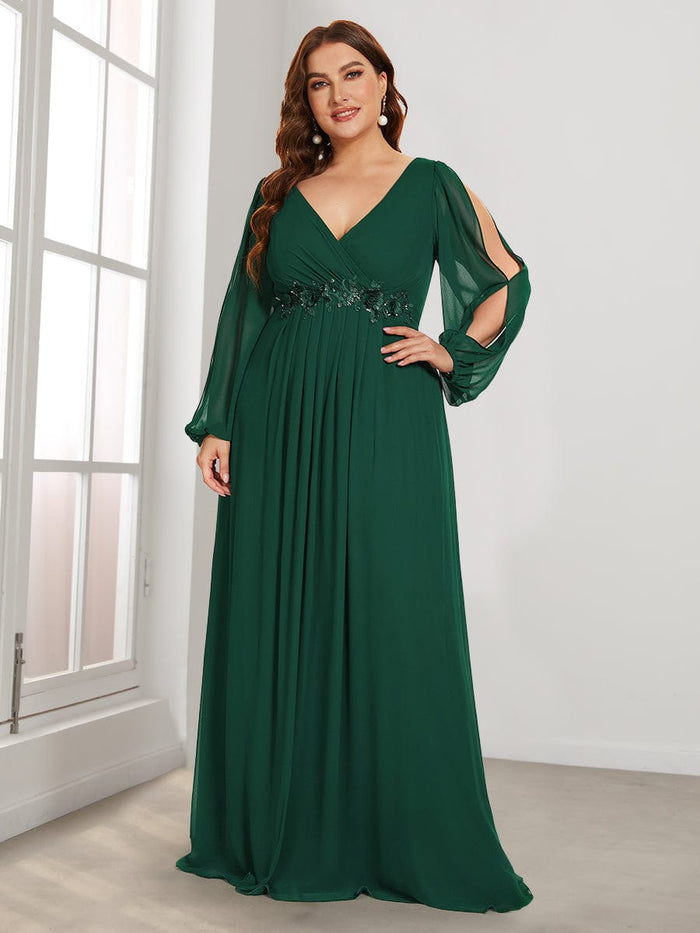 Custom Size V-Neck Long Sleeve Chiffon Formal Evening Dress - Ever ...