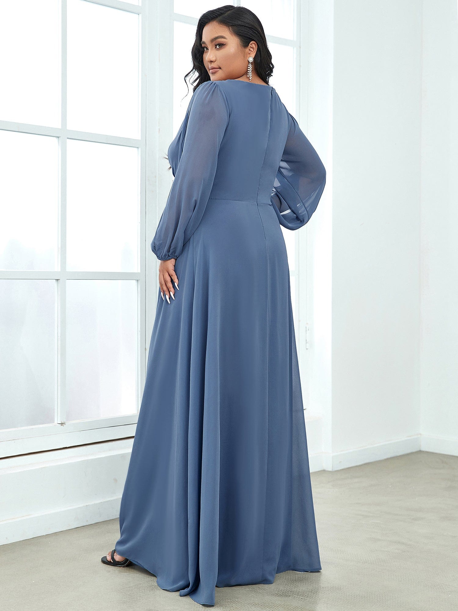 Custom Size Chiffon V-Neckline Long Sleeve Formal Evening Dress #color_Dusty Navy
