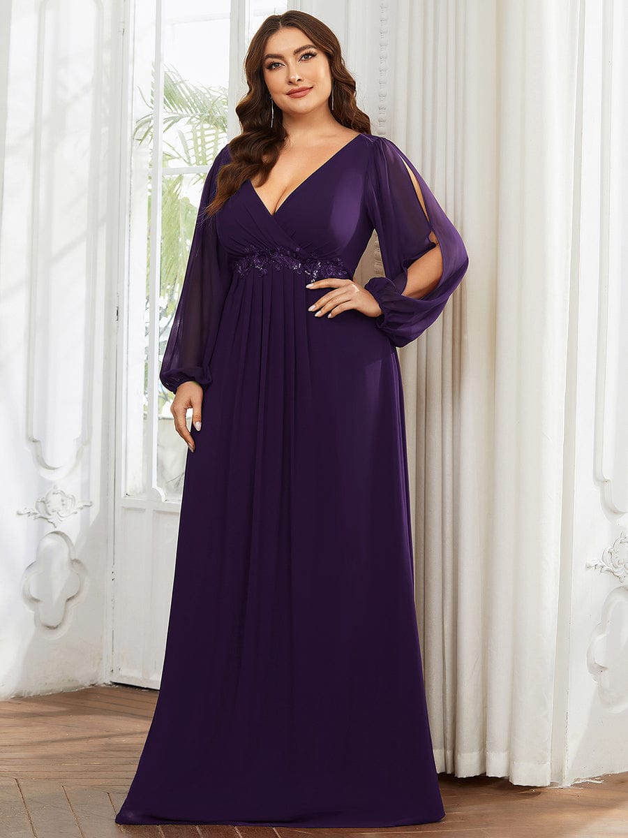 Custom Size Chiffon V-Neckline Long Sleeve Formal Evening Dress #color_Dark Purple