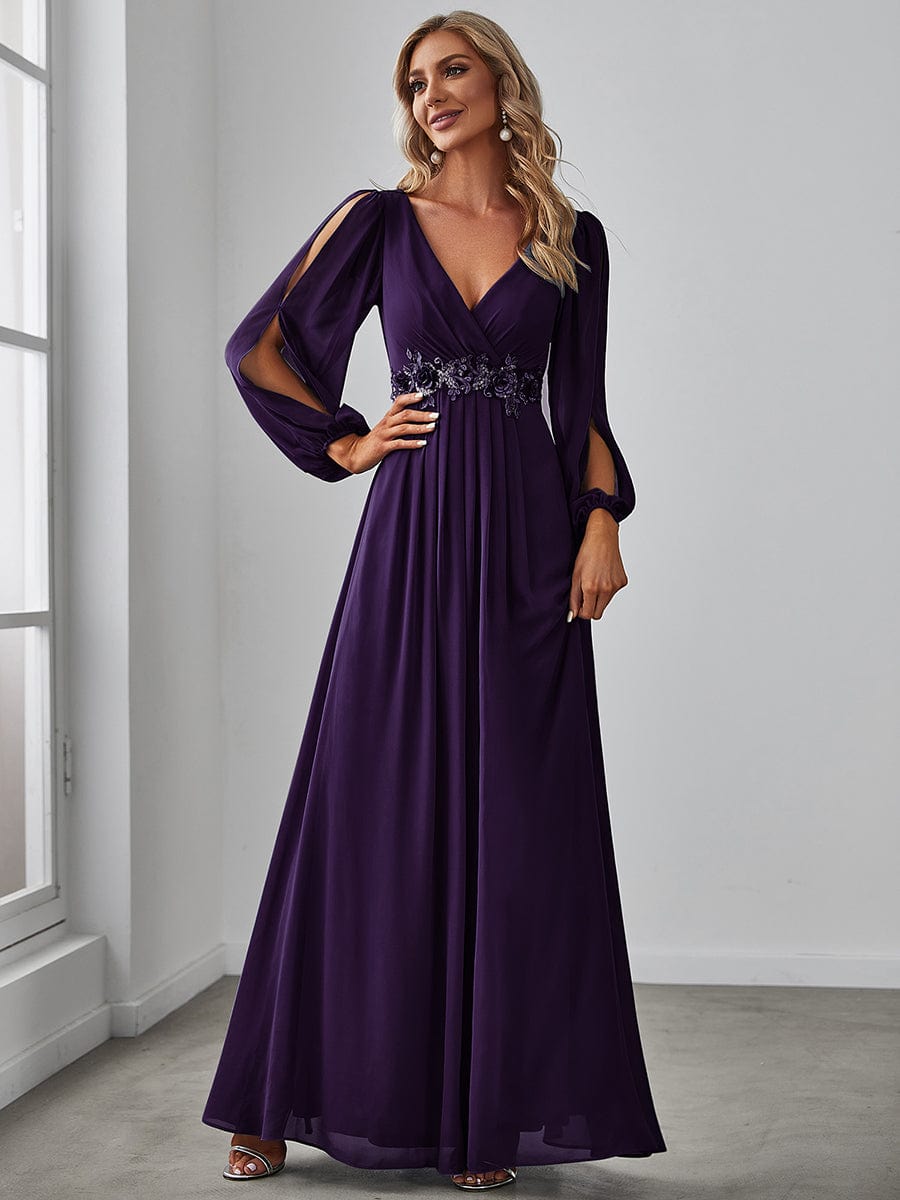 Elegant Chiffon V-Neckline Long Sleeve Formal Evening Dress #color_Dark Purple