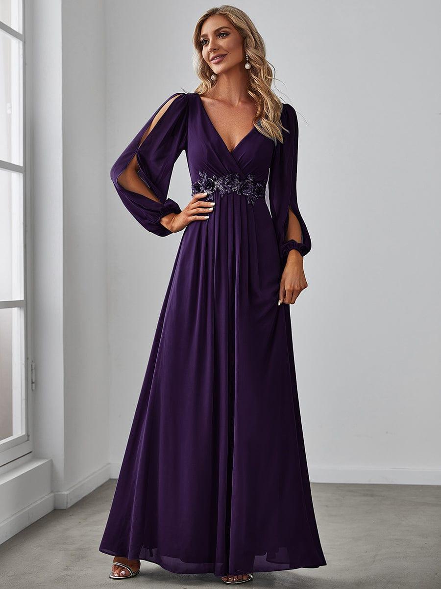 V-Neckline Long Sleeve Chiffon Formal Evening Dress