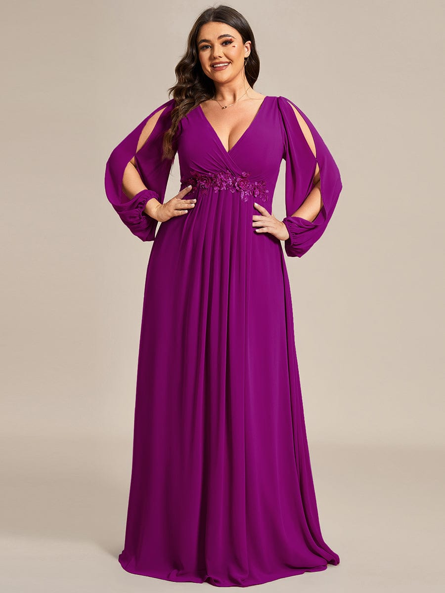 Stylish Plus Size Chiffon Formal Evening Dresses with Long Lantern Sleeves #color_Fuchsia