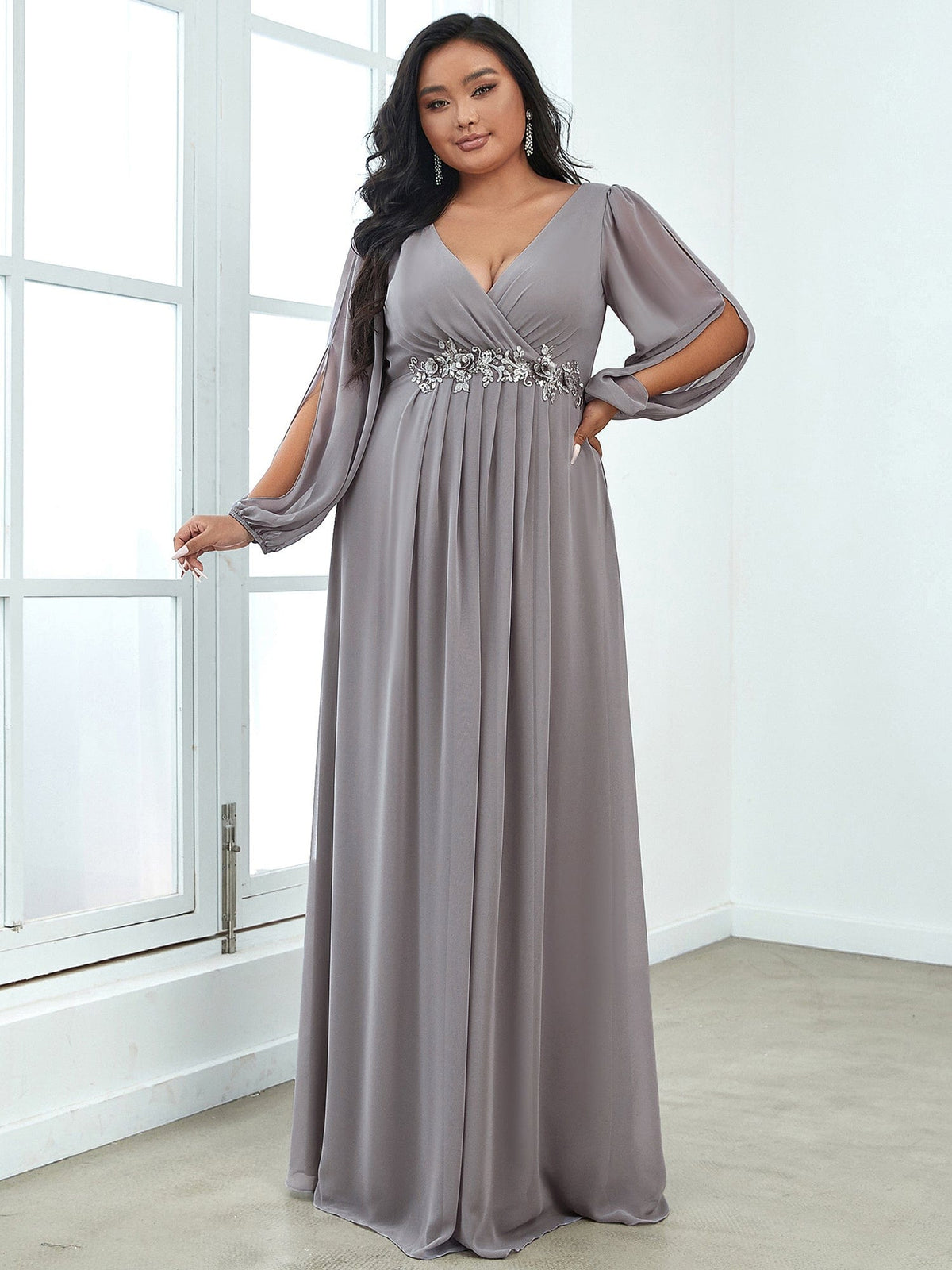 Custom Size Chiffon V-Neckline Long Sleeve Formal Evening Dress #color_Grey