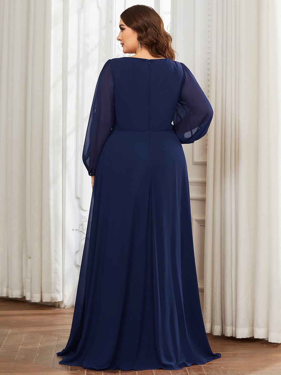 Stylish Plus Size Chiffon Formal Evening Dresses with Long Lantern Sleeves #color_Navy Blue