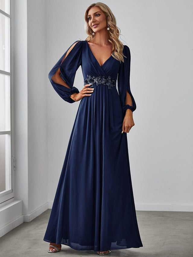 V-Neckline Long Sleeve Chiffon Formal Evening Dress