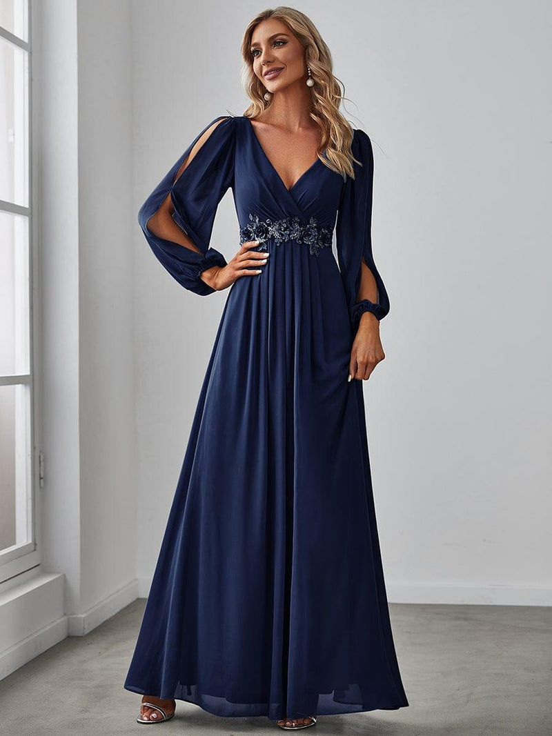 V-Neckline Long Sleeve Chiffon Formal Evening Dress