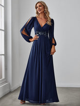 Elegant Chiffon V-Neckline Long Sleeve Formal Evening Dress #color_Navy Blue