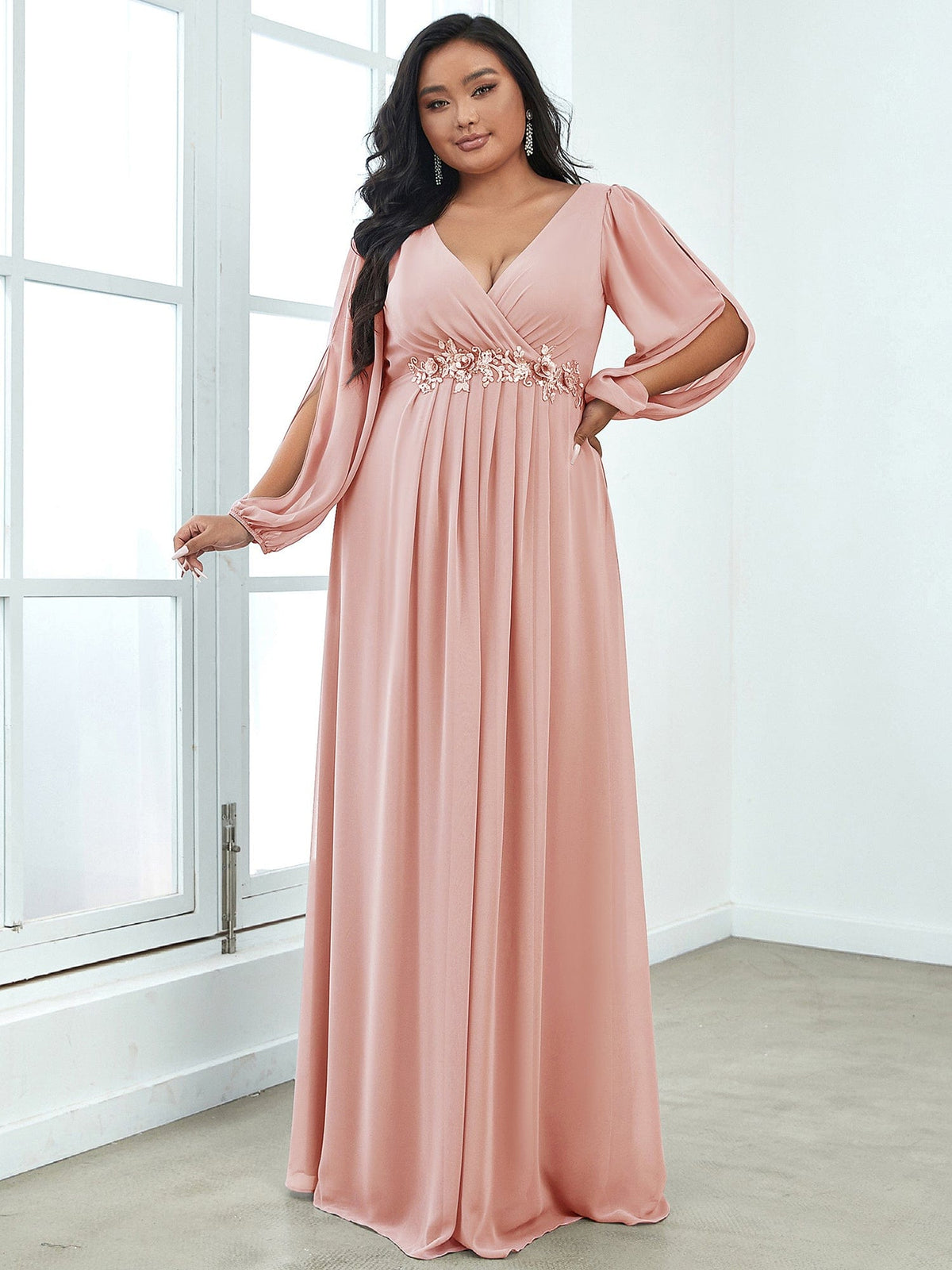 Custom Size Chiffon V-Neckline Long Sleeve Formal Evening Dress #color_Pink