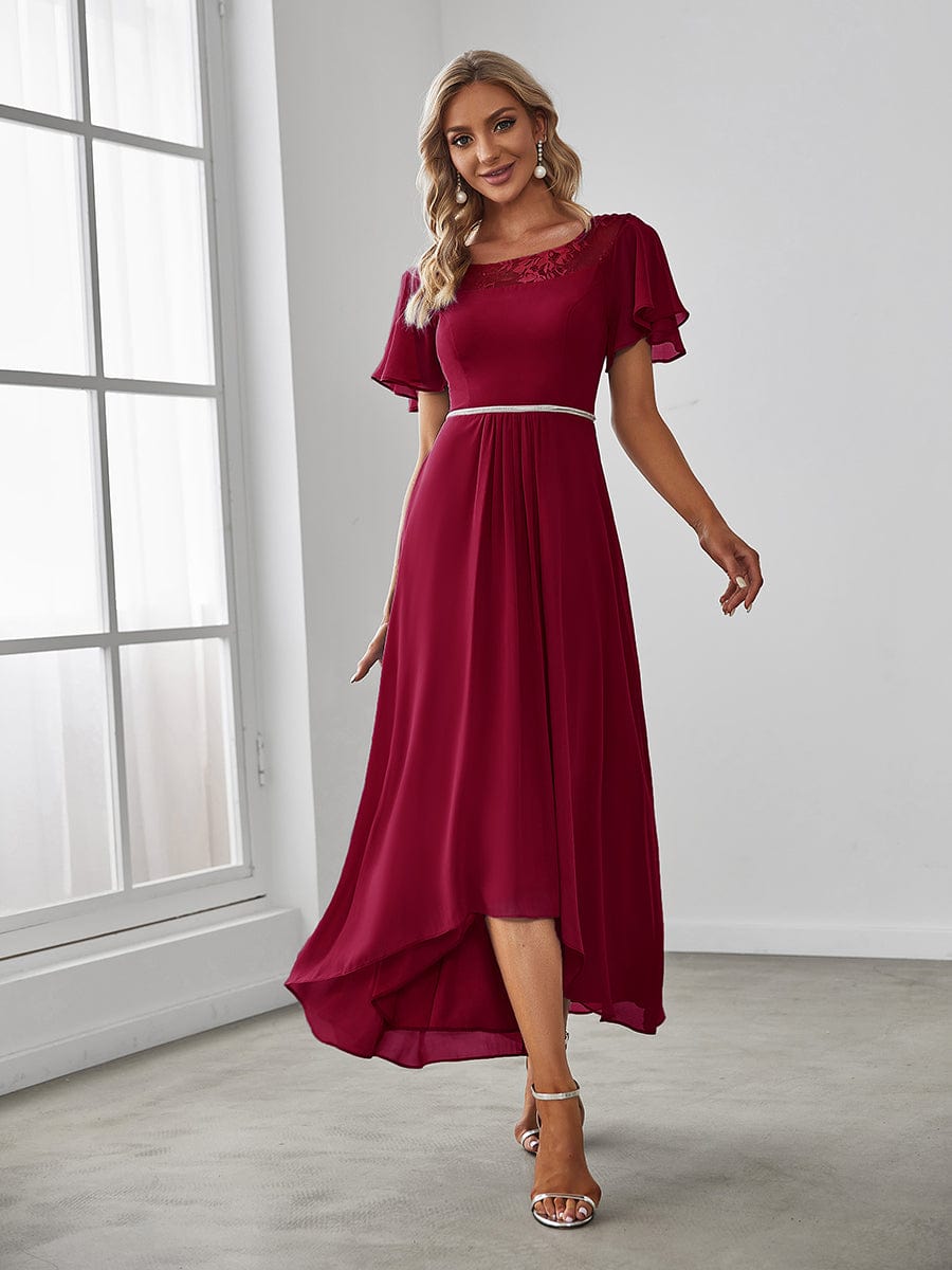 Women's Casual Boat Neck A-Line Midi Dress with Asymmetrical Hems #color_Burgundy