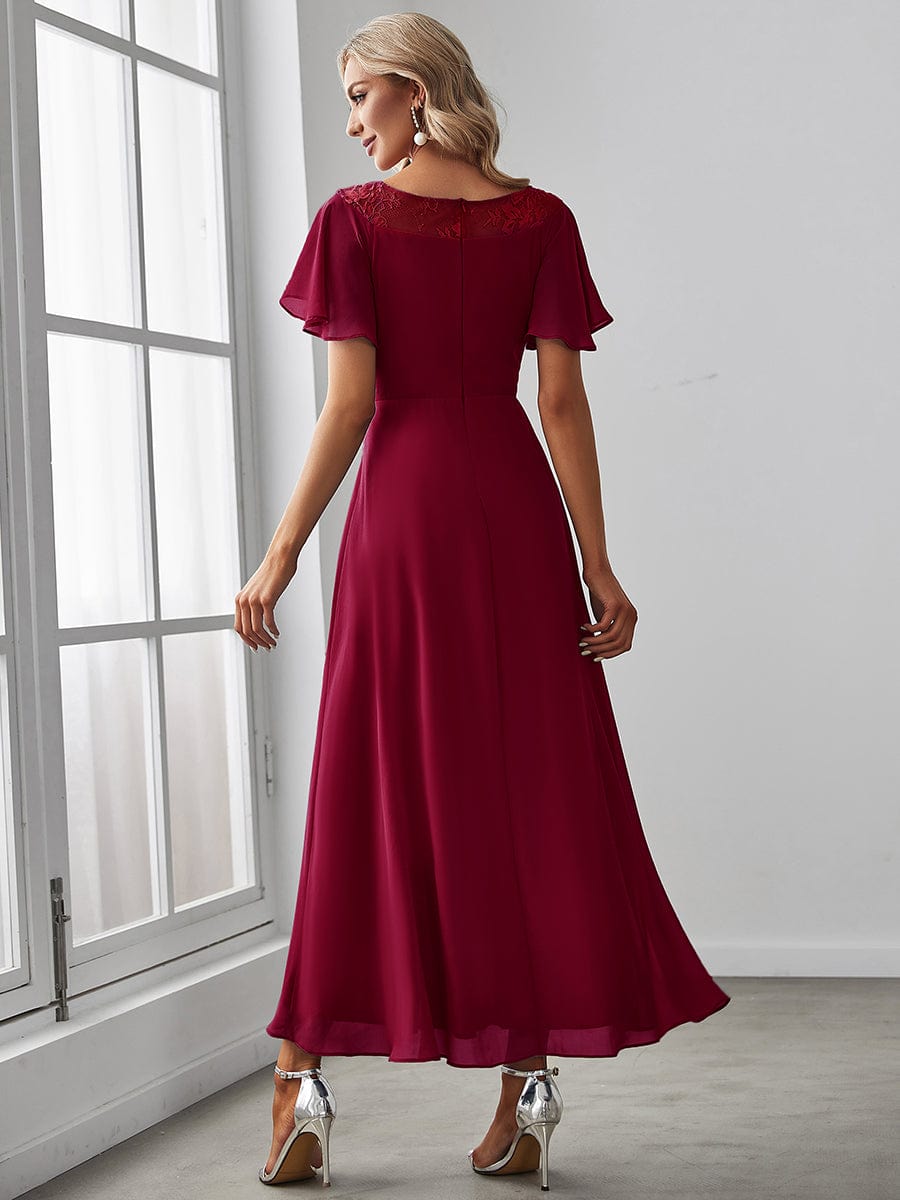 Chiffon Ruffle Sleeves Asymmetrical Hem Mother of the Bride Dress #color_Burgundy