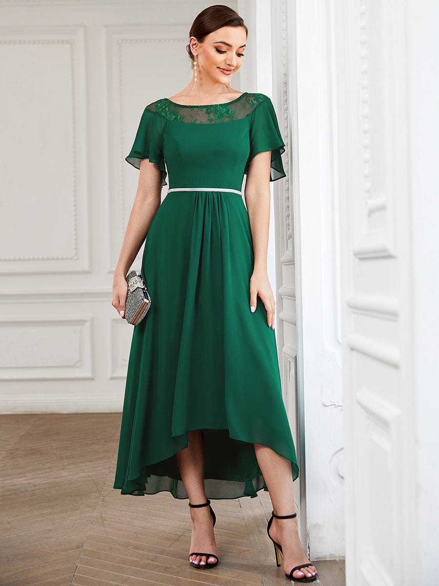 Women's Casual Boat Neck A-Line Midi Dress with Asymmetrical Hems #color_Dark Green