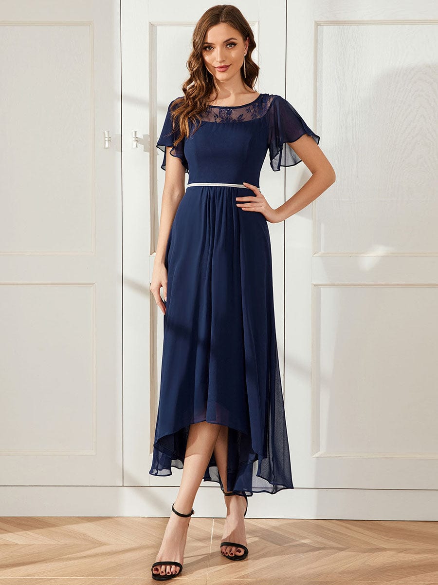 Chiffon Ruffle Sleeves Asymmetrical Hem Mother of the Bride Dress #color_Navy Blue